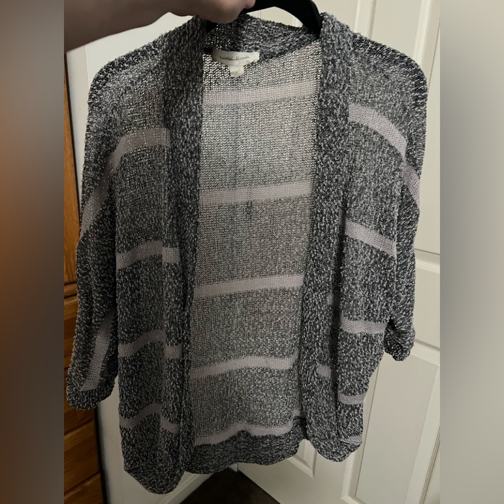 lightweight drapey semi sheer open front sweater three quarter sleeves